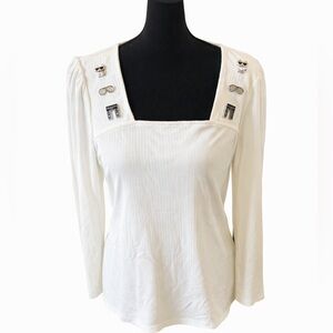 Karl Lagerfeld Paris White Ribbed Knit Top Square Neck Embellished NWT Size L